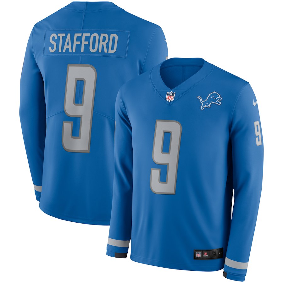 Men Detroit Lions #9 Stafford blue Limited NFL Nike Therma Long Sleeve Jersey->detroit lions->NFL Jersey